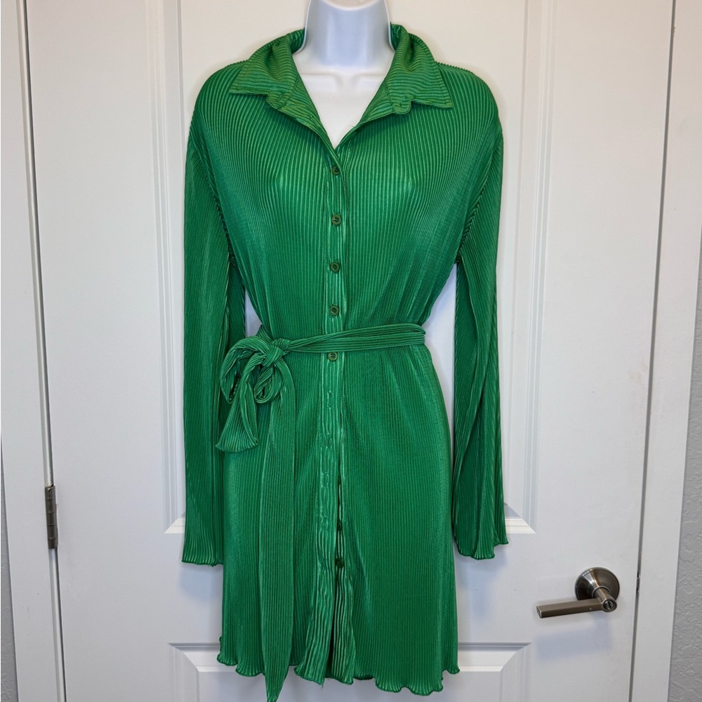 Green Pleated Button Up Shirt Dress